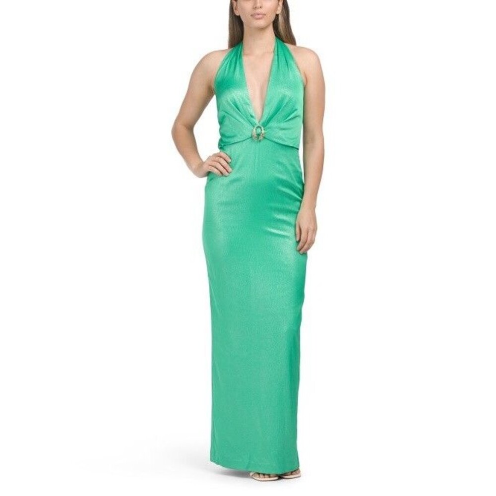 Liv Foster women Summer Green Texture Foil Satin Long Maxi Dress Gown sze 6 $295